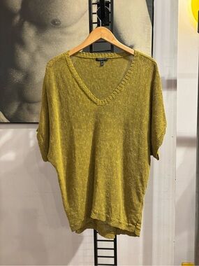 Eileen Fisher Golden Olive Linen V-Neck Knit Top